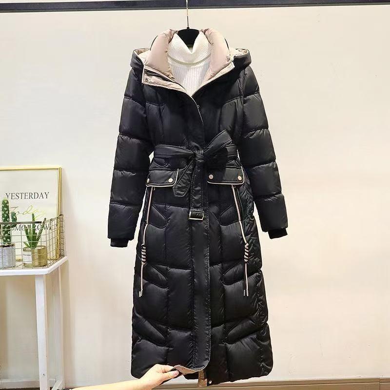 Modischer übergroßer langer Baumwollmantel mit Kapuze und Gürtel, warme Winterjacke für Damen