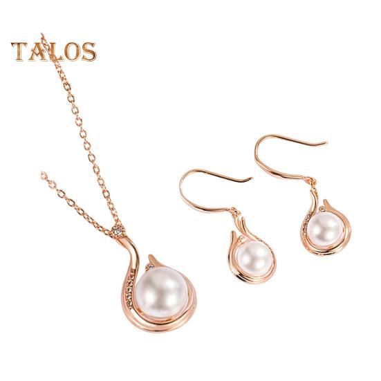 

1 комплект, женский комплект ювелирных изделий, искусственный жемчуг, декор со стразами, регулируемая длина, полированные висячие серьги, вечерние, вечерние, для невесты, свадебное ожерелье с подвеской розового золота