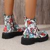 Fashion Women's Flowers Printed Short Boots Autumn Winter New Fashion Comfortable Casual Shoes Thick Middle Heel Side Zip Ankle Botas