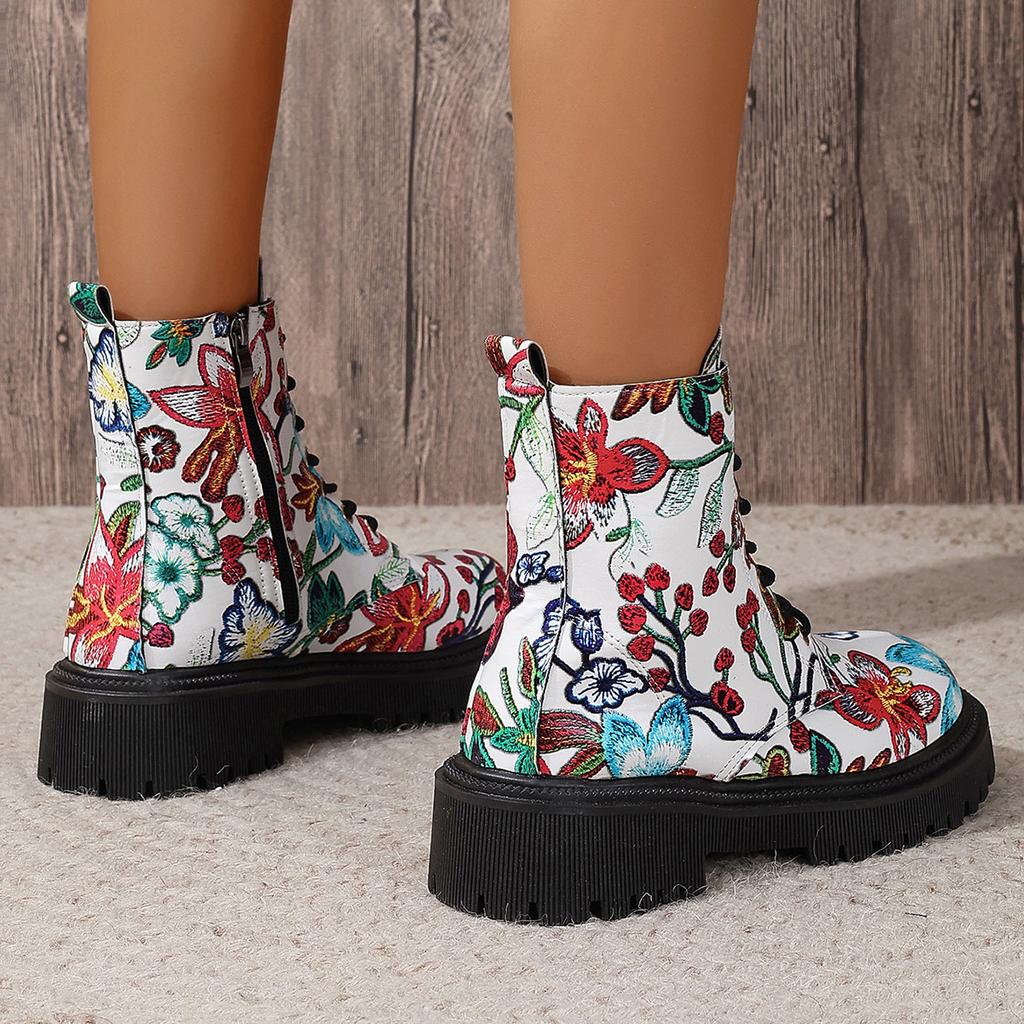 Fashion Women's Flowers Printed Short Boots Autumn Winter New Fashion Comfortable Casual Shoes Thick Middle Heel Side Zip Ankle Botas