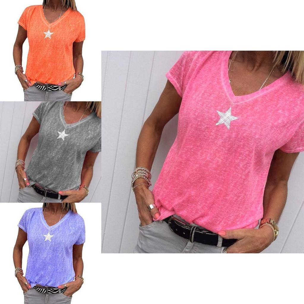 Stylish Women V-neck T-shirt Casual Loose Star Summer Shirts Solid Short Sleeve Perfect For Outdoor Activities