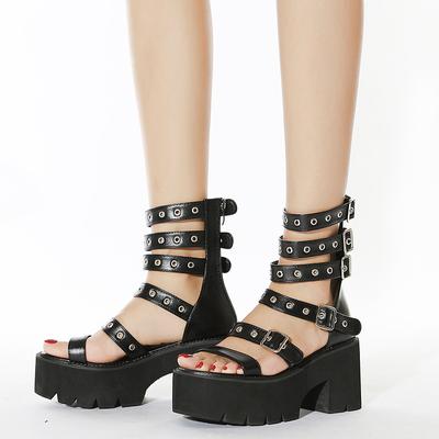 Women's Fashion Platform Sandals Street Punk Belt Buckle Designer Black Wedge Sandals Party Shoes