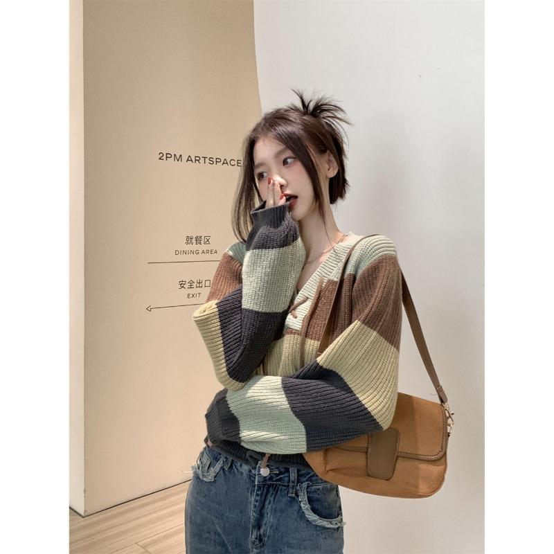 

Свободный короткий вязаный свитер женский V-образный вырез колор-блок деталь с завязками ленивый стиль осень зима повседневный топ one size зелёный