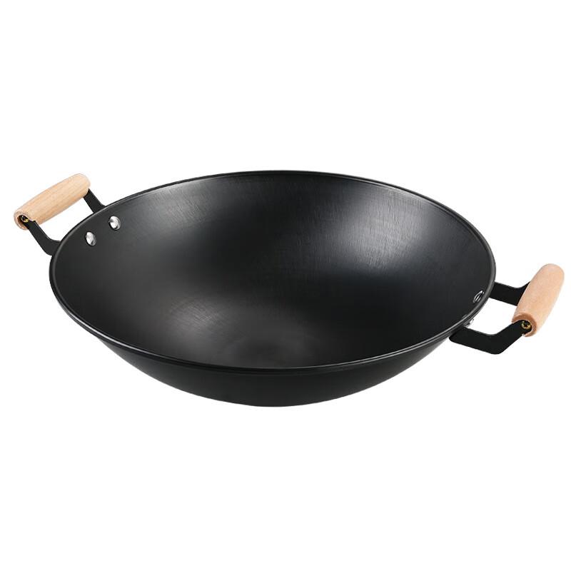 36cm Schmiedeeiserner Wok mit zwei Griffen, Deckel & Pfannenwender