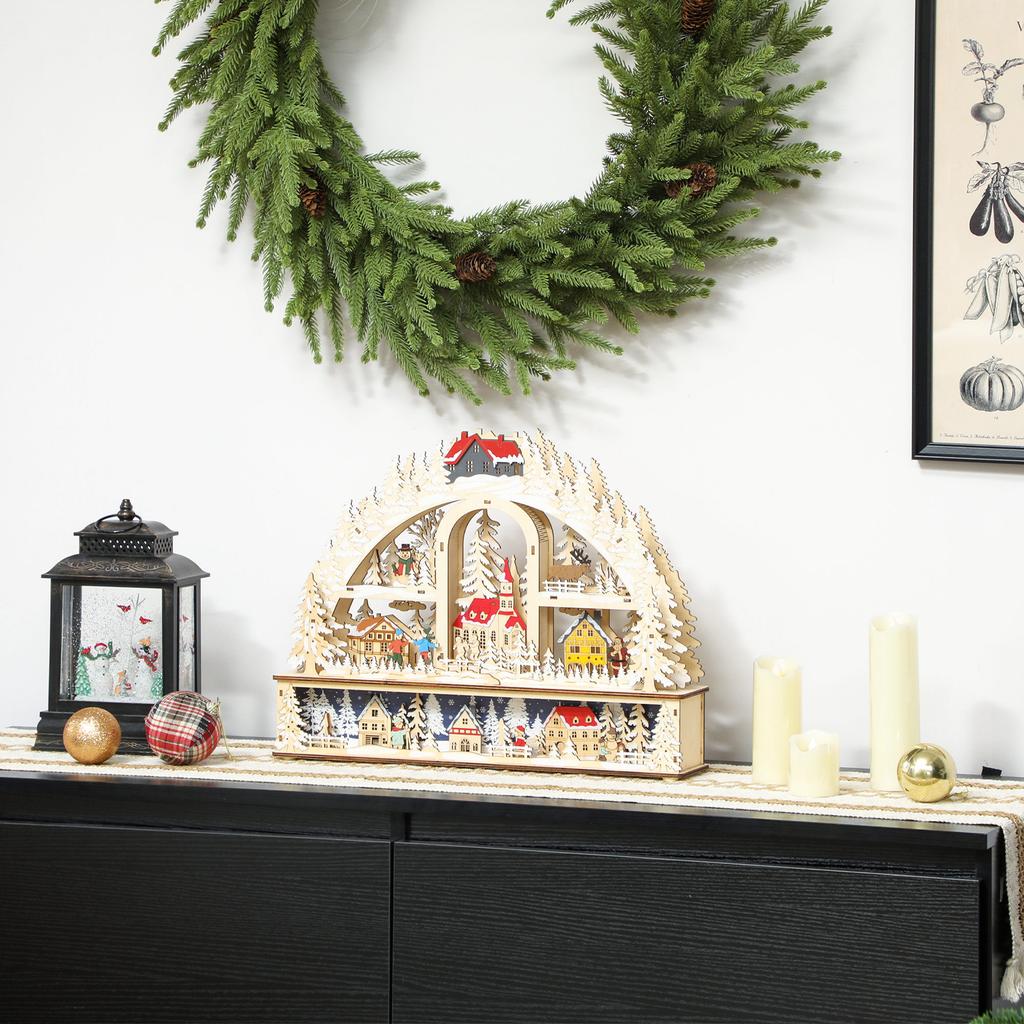 Christmas Village with LED Lighting, 45 cm Christmas Town with Snowman, Reindeer and Trees Natural Wood