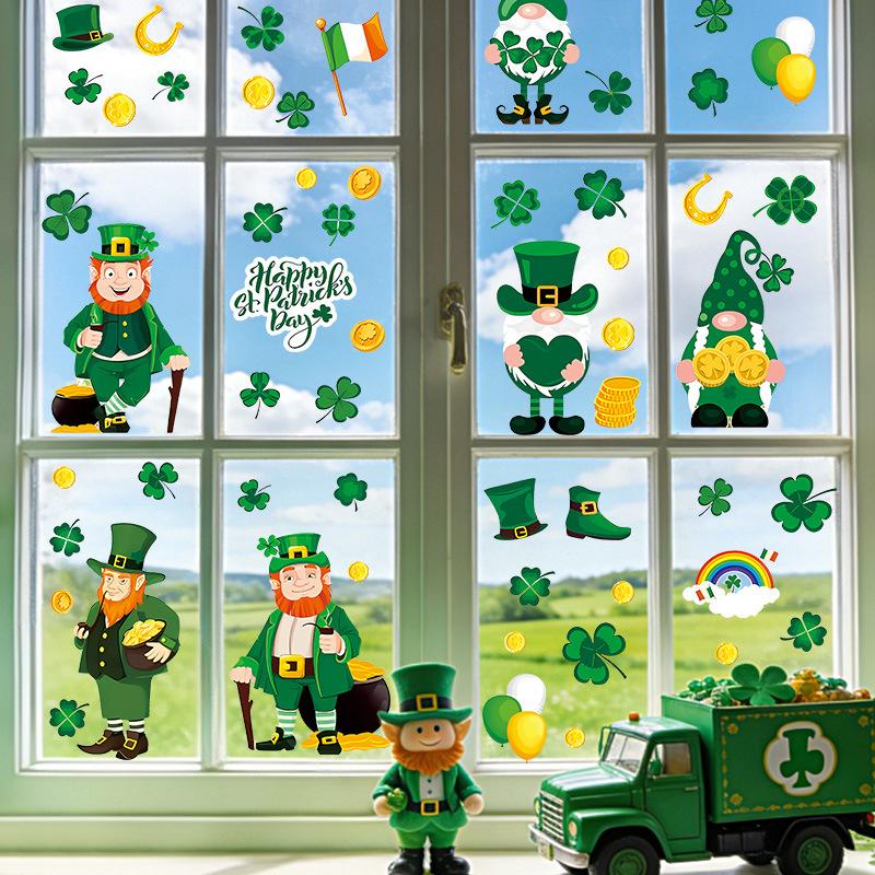 St. Patrick’s Day Window Clings Shamrock 4 Leaf Clover Irish Gnome Cartoon Glass Sticker Static Removable Holiday Decor