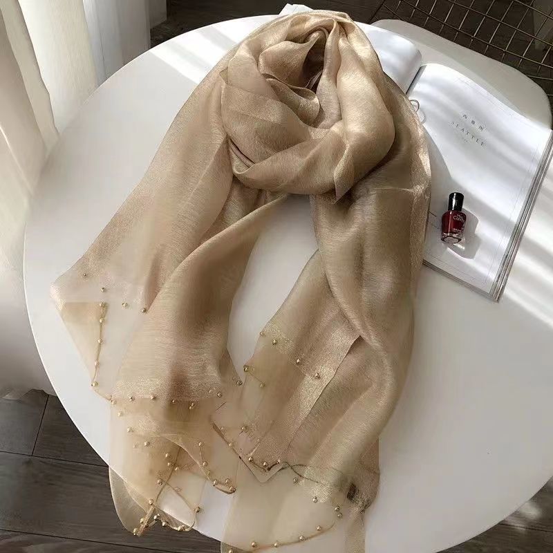 Bufanda Nueva para Mujer Chal Fino con Cuentas Color Sólido Alambre Dorado Bufanda de Gasa Personalizada Bufanda de Seda Imitación Primavera y Otoño