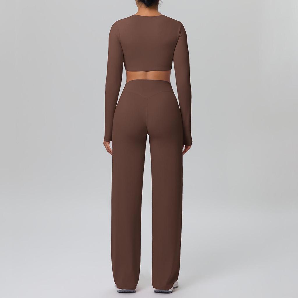European Sportswear Yoga Set: Long Sleeve Top with Chest Pads and Breathable Straight-Leg Pants for Women