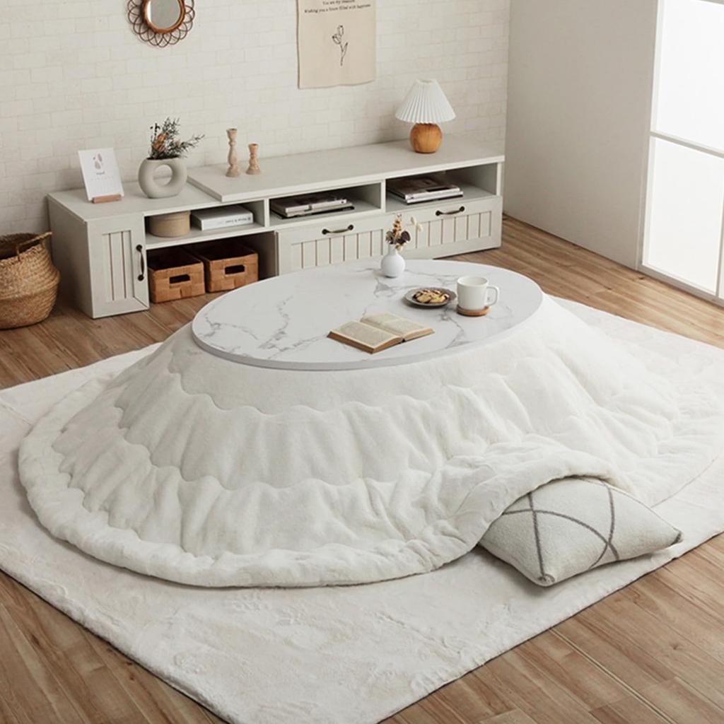 IKEHIKO Kotatsu Futon, Oval, Lapierce, Snow White, Approx. 185 X 225 Cm, Solid Color, Soft, Fluffy, Feminine Design #6843289