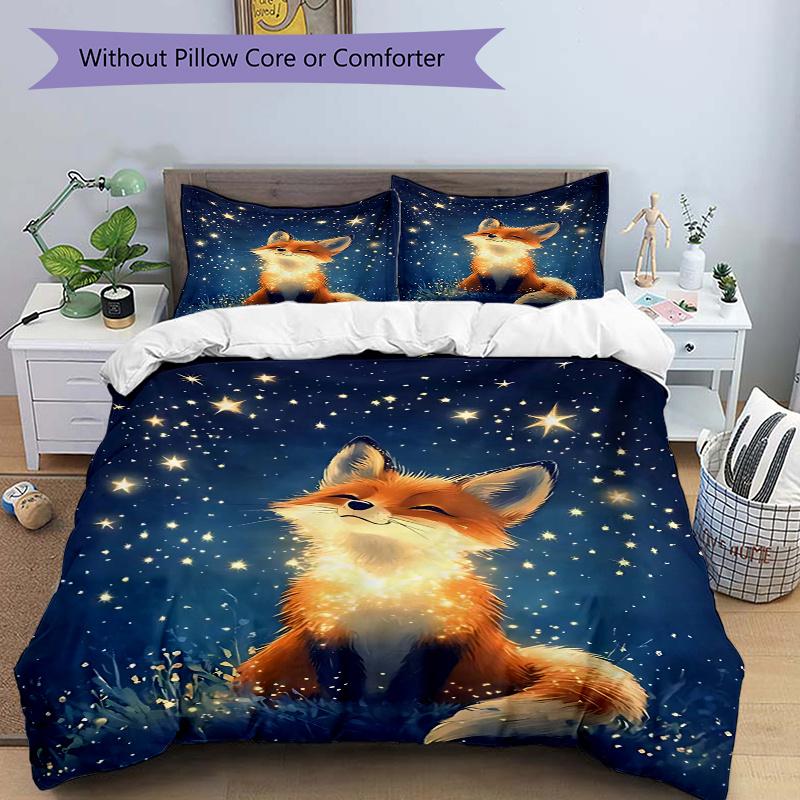 3pcs Enchanted Fox Gazing at Starry Night Sky Quilt Set, Soft and Comfortable Bedroom 135x200cm