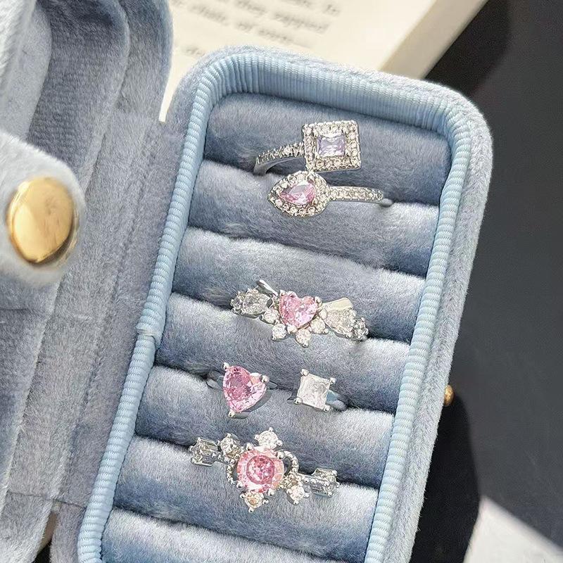 Sweet Crit Pink Zircon Love Open Ring Light Luxury High-End Niche Design Stacked Ring Woman