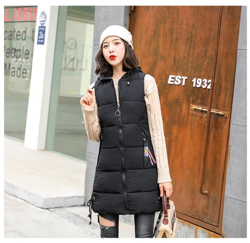 Baumwollweste Damen Mittellang Herbst und Winter Mode Kapuze Slim Große Größe Baumwollweste