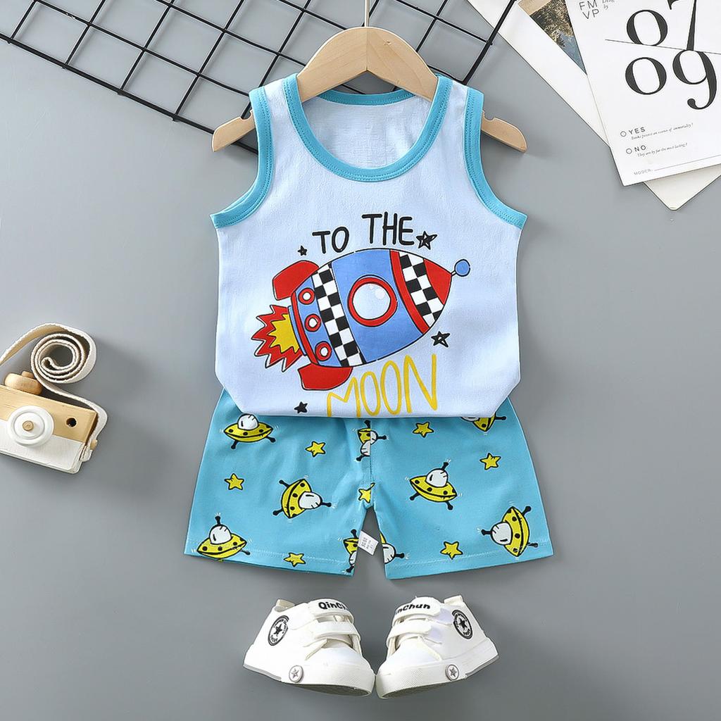 Summer Kids Non Sleeve O Neck Vest Pants Set Casual Baggy 2pcs Suit Cotton Cartoon Printes Outfit