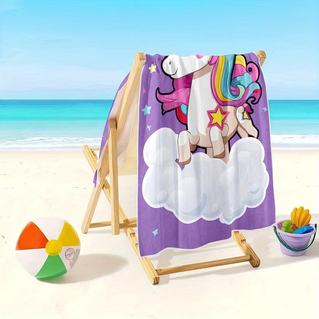 Cartoon Unicorn Summer Beach Towel, Purple Rainbow Clouds Flat Print, Girls Outdoor Travel Pool Party Birthday Gift for Kids