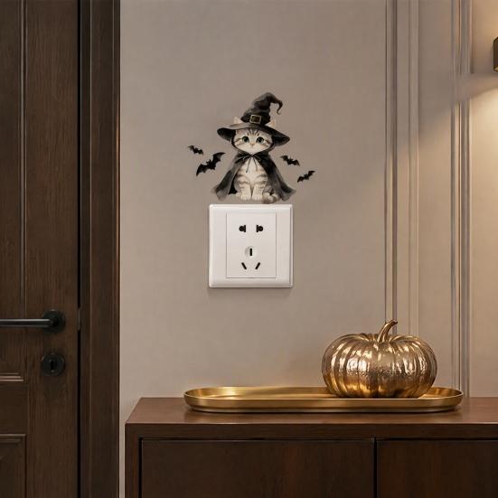 Kids Room Wall Accents Halloween Wizard Cat & Bat Switch Sticker, Self-Adhesive Light Decal, Party Supplies Removable Decor for Bedroom Living