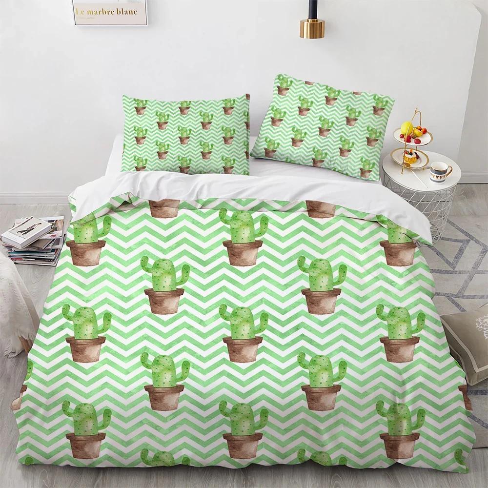 Cactus Beding Soft with Soft Fabric Duvet Cover Sumer Gren Plant Bed Linen Set Nature Soft Duvet Cover Set Bright Dorm Beding Set (Quen