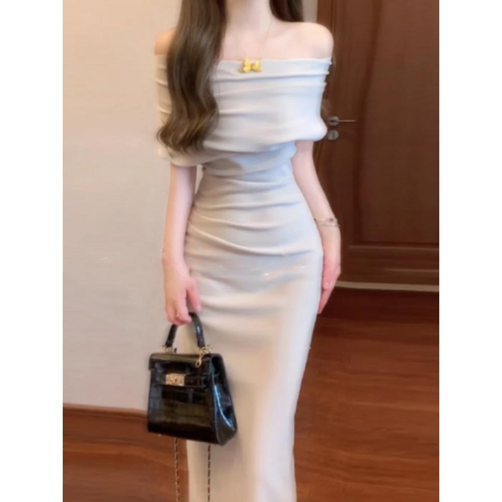 Swinging Collar Slanted Shoulder Open Shoulder Temperament Medium and Long Irregular Waist Temperament Hip-wrapped Pleated Dress Clothing Summer