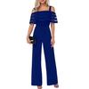 Women Jumpsuit Sexy Off Shoulder See-through Mesh  Solid Color Strappy Summer Ladies Casual Wide Leg Pants Long Romper Overall Womenswear