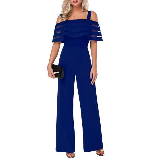 Women Jumpsuit Sexy Off Shoulder See-through Mesh  Solid Color Strappy Summer Ladies Casual Wide Leg Pants Long Romper Overall Womenswear