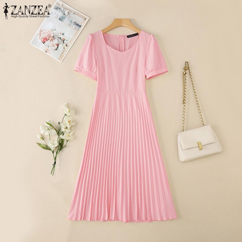 ZANZEA Women Casual V-Neck Short Sleeve Summer Pleated Long Dress