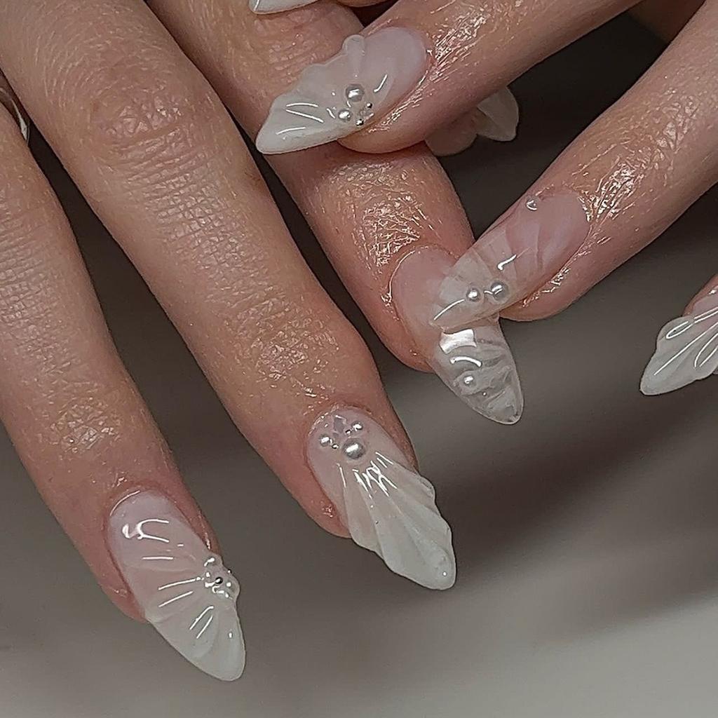24Pcs Almond Press on Fake Nails Long French False Nails with Pink Bow Wearable Flower Design Oval Manicure Full Cover Nail Tips