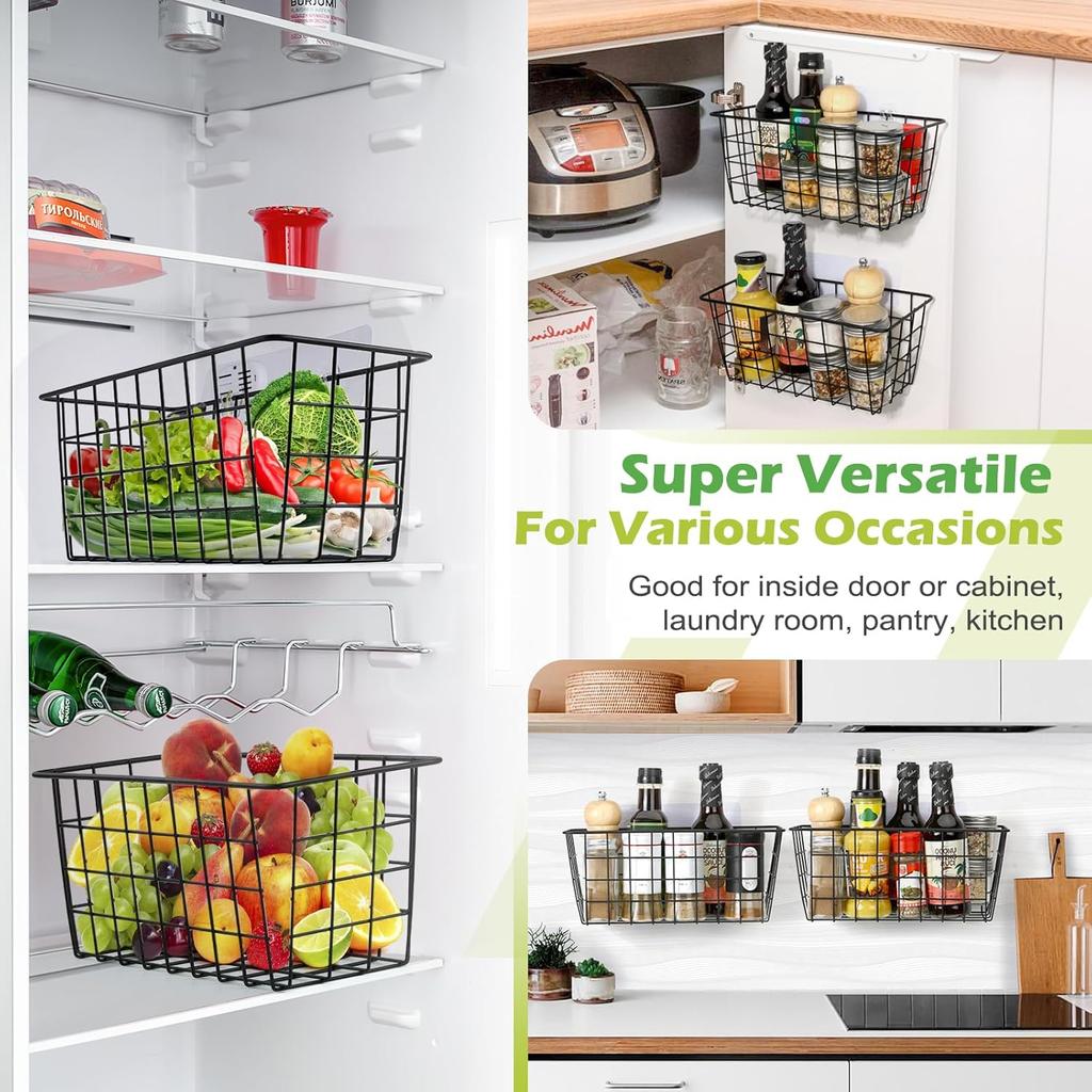 2 Pack Hanging Kitchen Baskets, Adhesive Wire Wall Storage Basket, No Drilling Hanging Fruit Baskets, Cabinet Door Organizer for Kitchen Bathroom
