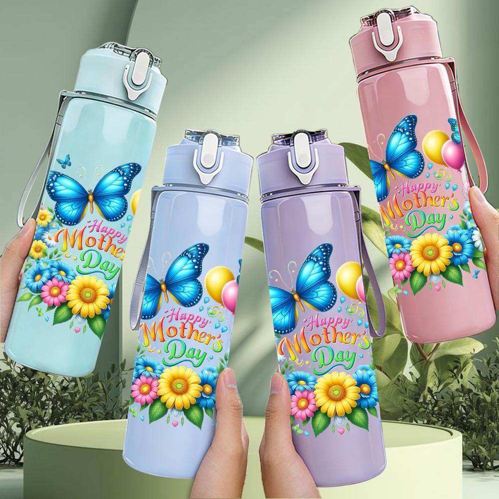 1PC Colorful Butterfly And Flower Wreath Pattern 750ml Color Plastic Sports Water Bottle Leakproof Flip Straw Lid Suitable for Sports Office Home Use