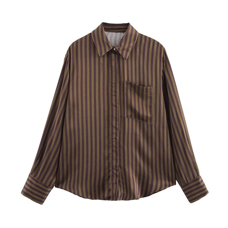 TAOP&ZA Spring/Summer Women's Striped Silk Satin Shirt and Casual Pants Set