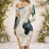 Women Plus Size Chain Strap Cold Shoulder Long Sleeve Printed Irregular Hem Bodycon Dress