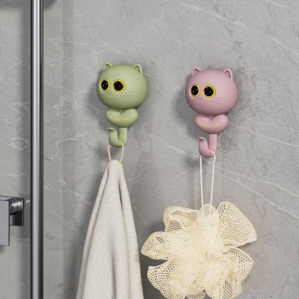 Free Punching Cat Blink Eyes Hook Wall Hanging Key Holder Sticky Hooks Cartoon Cat Hooks Kitchen