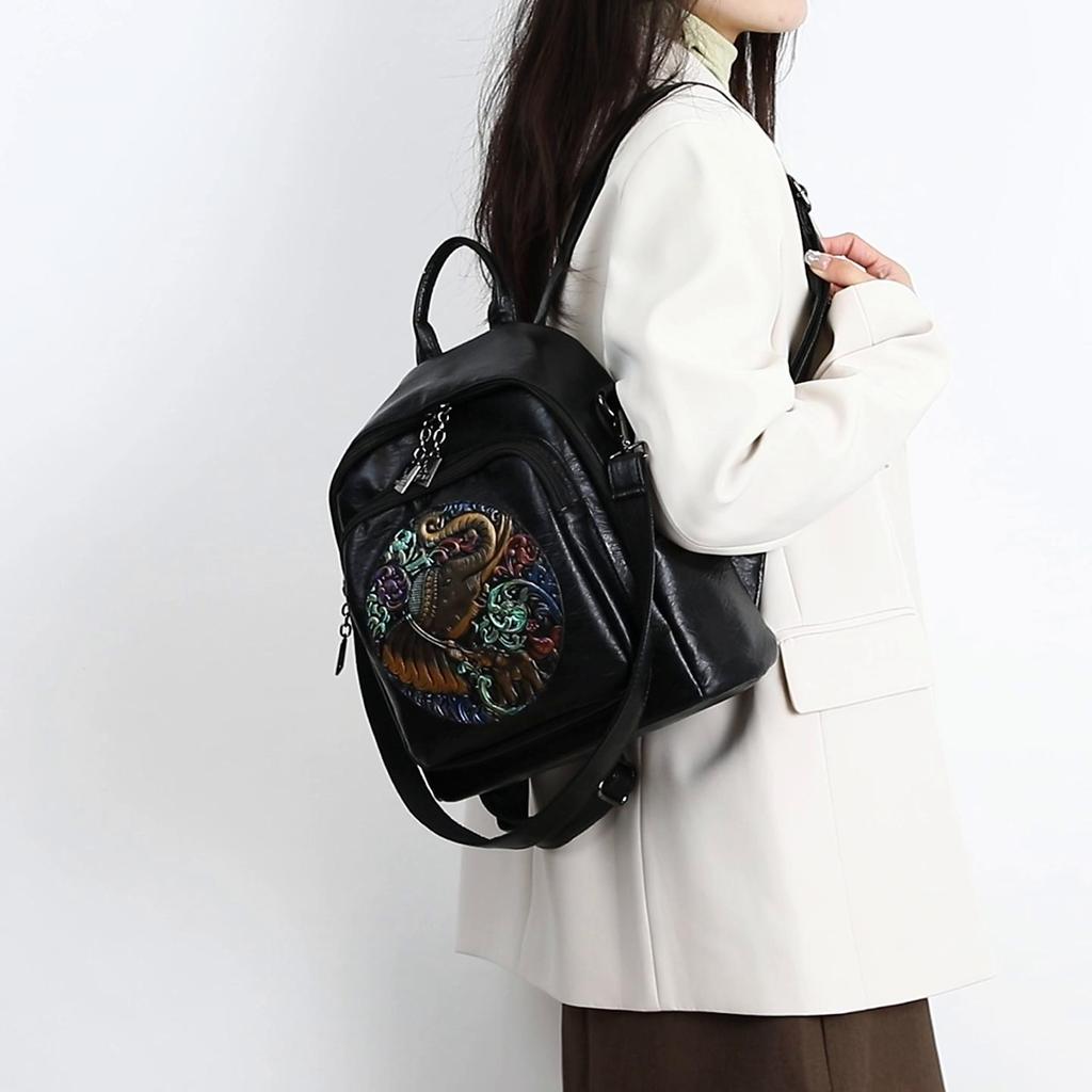Female Embroidered Backpack Multi-Use Leather Backpack Student Schoolbag AVE