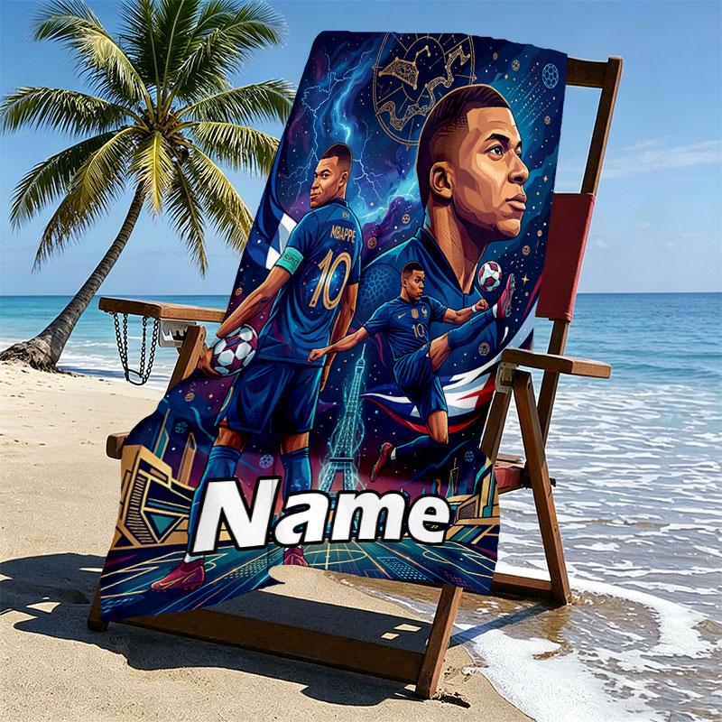 Personalisierbares Strandtuch mit Kylian Mbappe Aufdruck und individuellem Namen, für Reise Camping Strandparty Heimdekoration, Geburtstagsgeschenk für Familie & Freunde