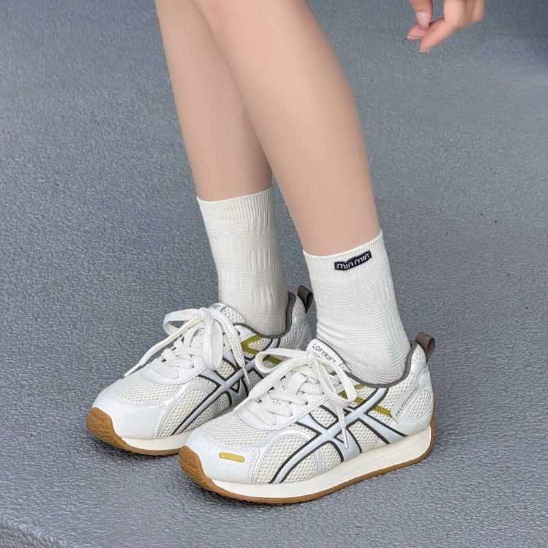 Retro leather color matching spring and summer new round head thick sole heightening breathable mesh sneakers