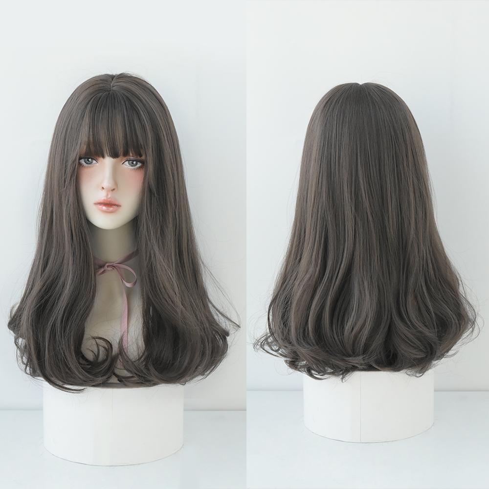 Lange Lockige Haare Damen Perücke mit Pony Täglich Braun Schwarz Rosa Lolita Cosplay Geflochtene Perücken Hitzebeständige Faser Party Kunsthaar