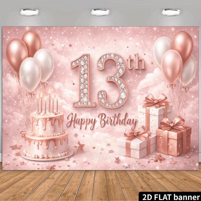 2D Flat Rose Gold 13th Birthday Banner Pink Cloud Themed Backdrop with Balloons & Gifts