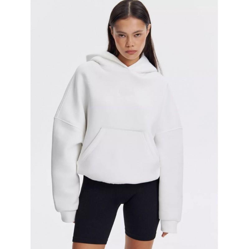 Womens Solid Color Hooded Sweatshirt Loose Fit Fleece Pullover Teens Casual Wear