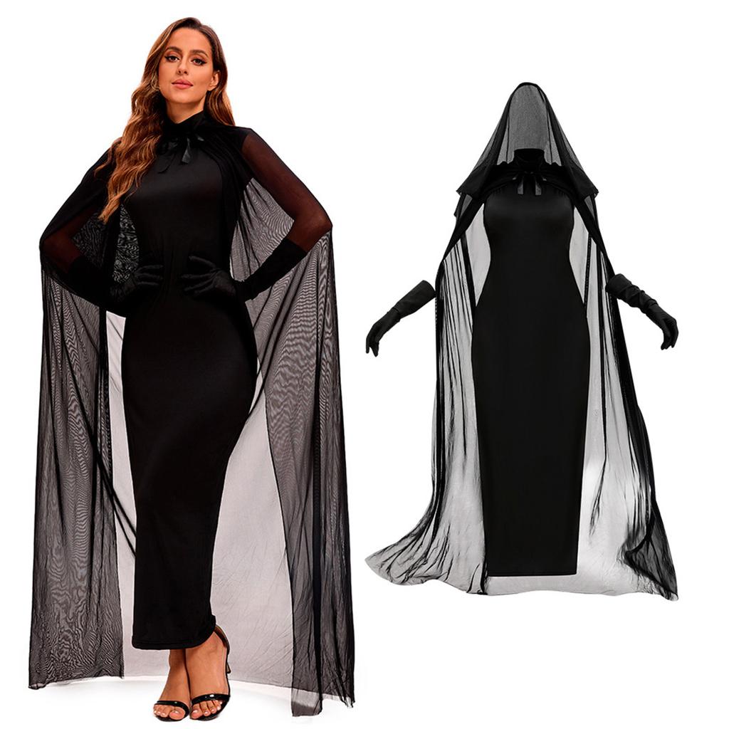 Women Vampires Witch Sleeveless Long Dress with Hooded Cloak Gloves and Thong Set for Halloween Cosplay and Themed Event