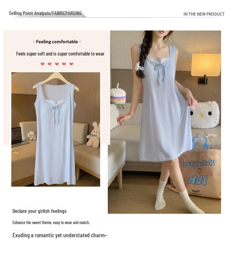 2026 Summer Blue Sleeveless Nightgown with Chest Pads - Women's Sweet Pure Desire Style