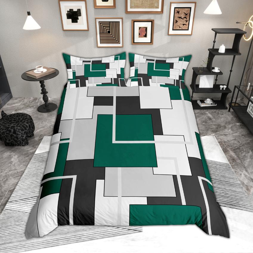 Homewish Modern Geometric Duvet Cover Set, Aesthetic Square Plaid Bedding, Abstract Minimalist Quilt Cover Set