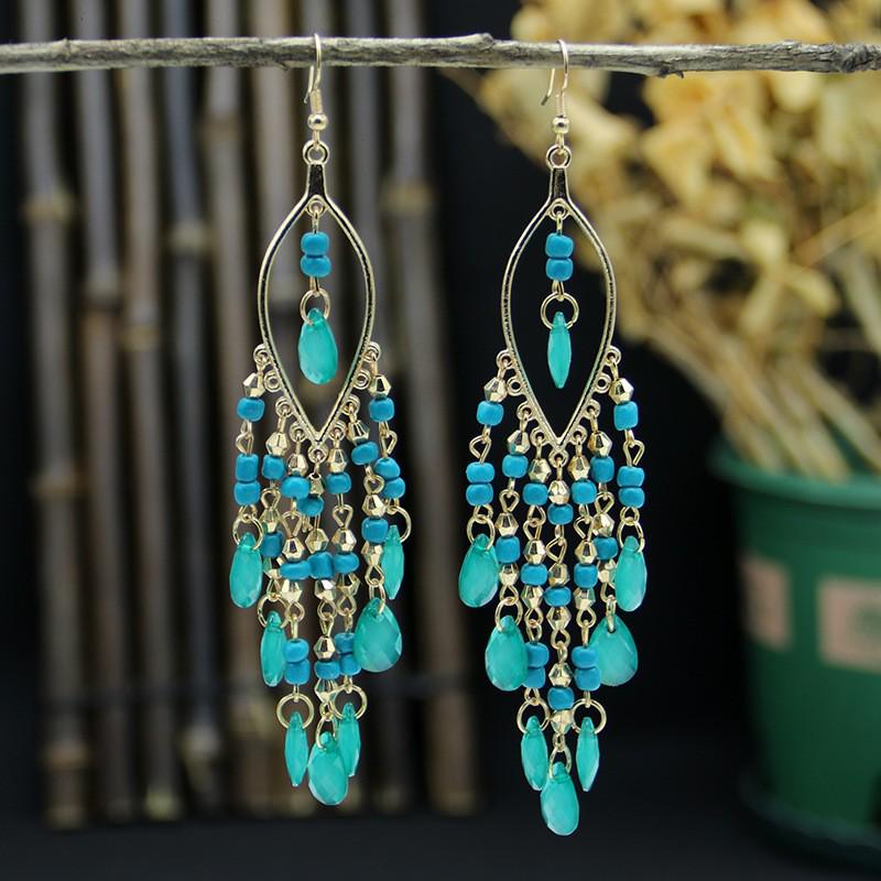 Bohemian Crystal Tassel Earrings - Ethnic Style, Slim Face, Exaggerated Design for Travel