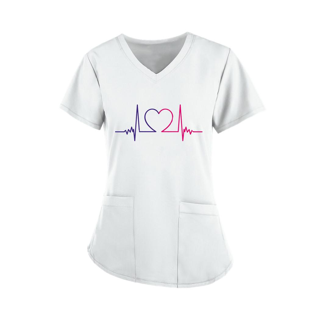 Women Short Sleeve V-neck Tops Working  Solid Color Pocket Blouse