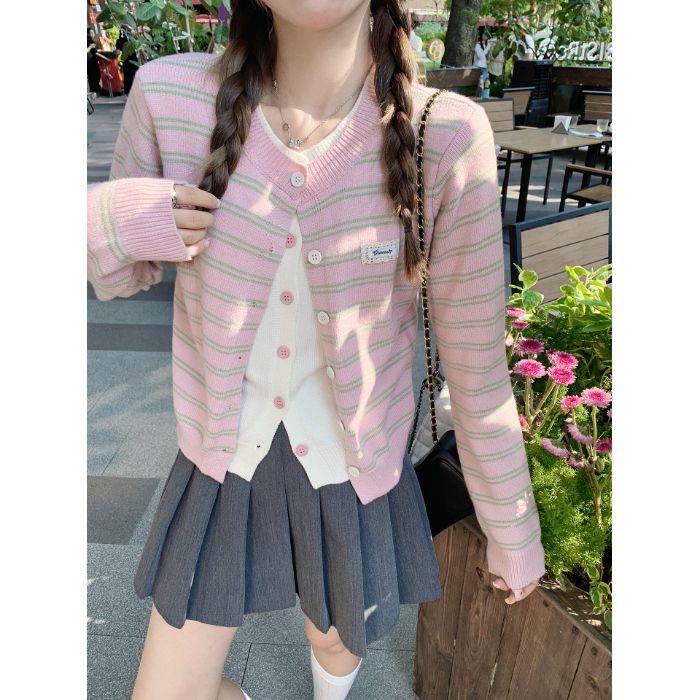 Striped Faux Two-Piece Knit Cardigan, Autumn 2025 - One Size Versatile Korean Style