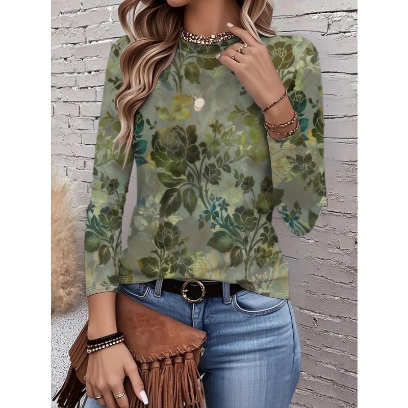 Spring and Autumn Round Neck Flower Pattern 3D Printed Top Fashionable Casual Long Sleeved Women's T-shirts