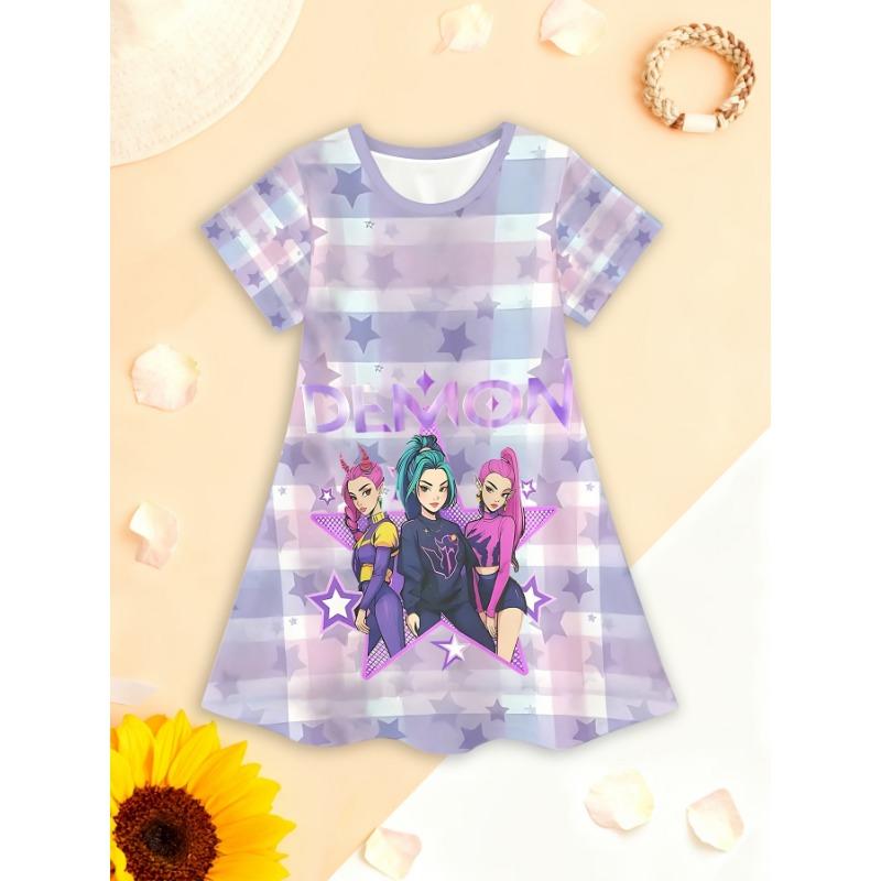 Girls  Short-Sleeve Dress Featuring a 3D Cartoon Character Print for Summer, 110
