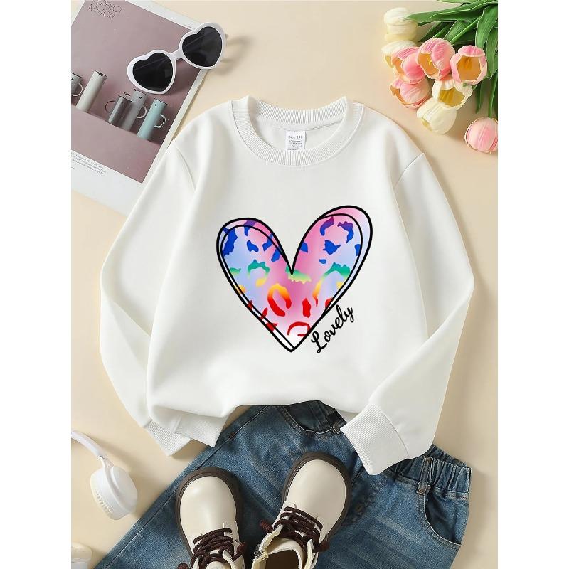 European sizes Crewneck Sweatshirt for Girls with Vibrant Heart and Rainbow Design, for Spring and Autumn, Sports and Casual, Soft Cozy.