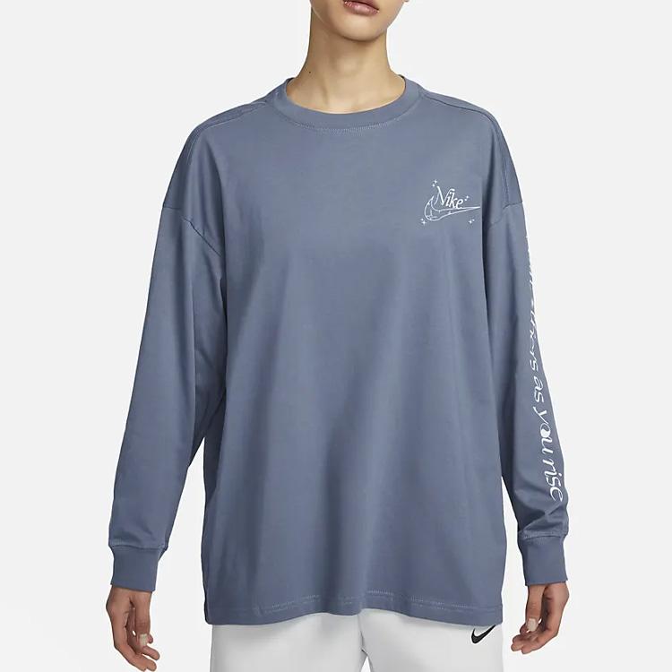 Nike Solid Color Logo Print Letter Round Neck Loose Long Sleeve T-Shirt Women Tops Finn-Blue DX7935-425