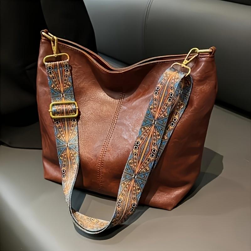 Bohemian Style Large Capacity Women'S Shoulder Bag, 4 Colors, Classic Wide Strap Crossbody Bag, Casual Commuting Tote PU Handbag