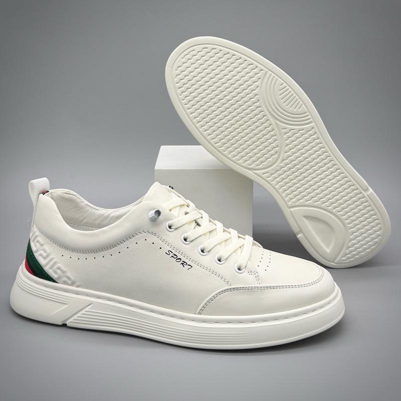 Men's Genuine Cowhide Casual Skate Shoes - Versatile, Lightweight, Breathable White Leather for Autumn Trend.