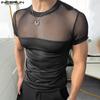 INCERUN Summer Men Short Sleeve Mesh Sheer Patchwork Skinny T-shirts