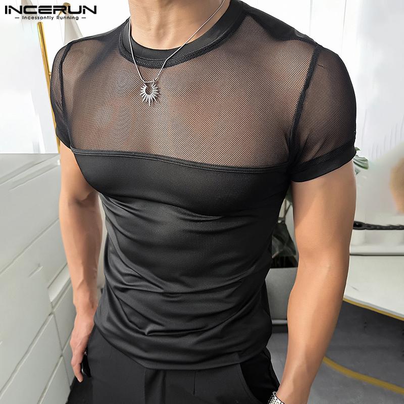 INCERUN Summer Men Short Sleeve Mesh Sheer Patchwork Skinny T-shirts